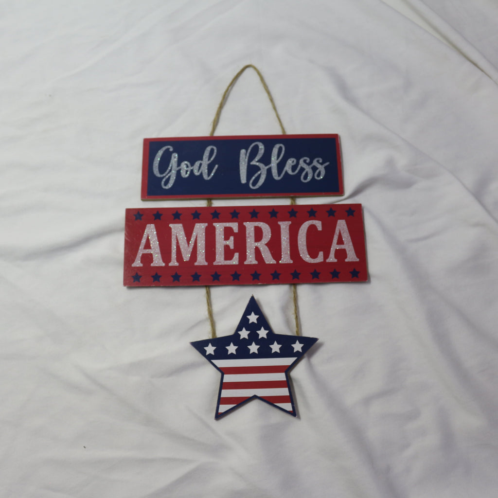 God Bless America red white and blue hanging wall sign with star design