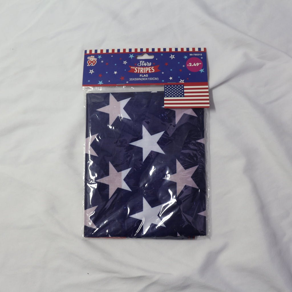 Sealed American flag folded in retail packaging with stars and stripes design