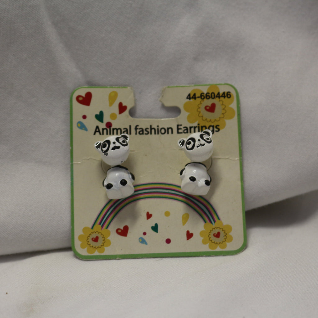 3D panda-shaped earrings on colorful rainbow card packaging