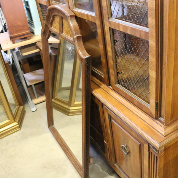 Vintage wood framed mirror with burlwood and iron scrollwork accents