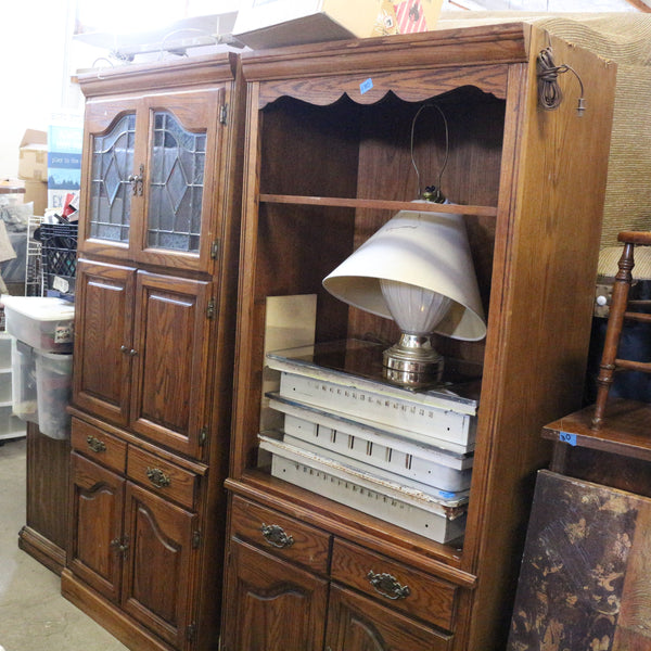 Vintage wood hutch with glass cabinet and bottom drawers