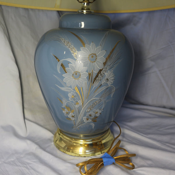 Vintage blue and gold ceramic table lamp with floral etching and brass base
