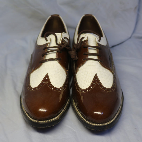Stacy Baldwin brown and white wingtip spectator oxford shoes