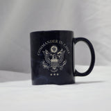 Navy blue ceramic Commander in Chief coffee mug with silver U.S. Presidential Seal