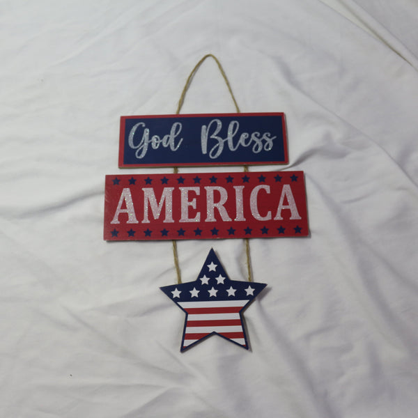God Bless America red white and blue hanging wall sign with star design