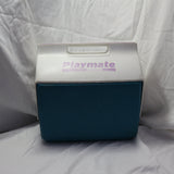 Vintage Igloo Playmate 14-quart personal cooler in blue and white with classic push-button swivel lid, shown from angled side view.