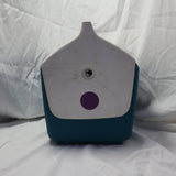 Vintage Igloo Playmate 14-quart personal cooler in blue and white with classic push-button swivel lid, shown from angled side view.