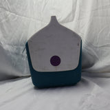 Vintage Igloo Playmate 14-quart personal cooler in blue and white with classic push-button swivel lid, shown from angled side view.